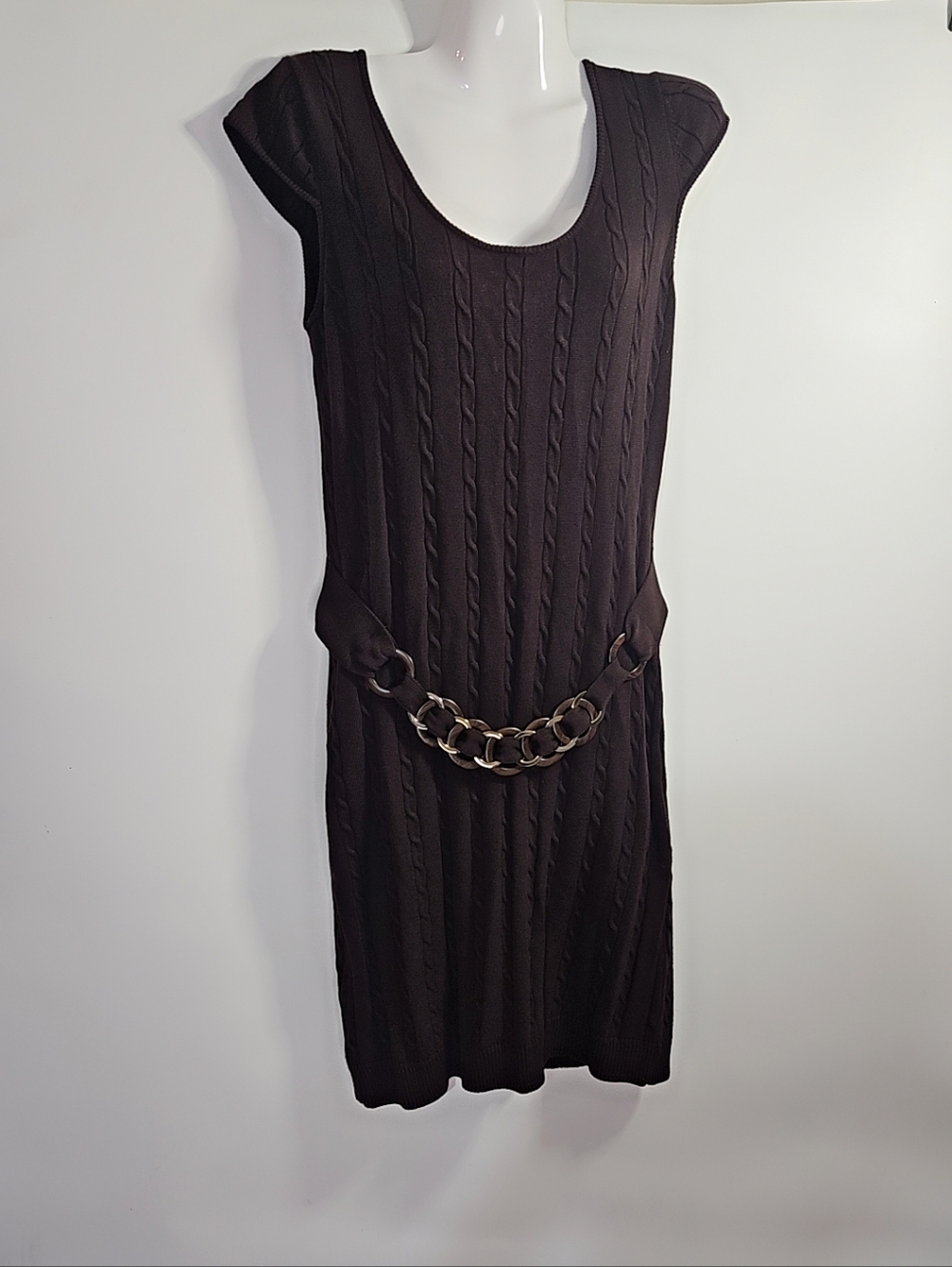 Milly Chocolte Brown Cable-Knit Cap Sleeve Dress with Chain Belt Size‎ Small S